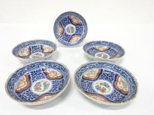 古伊万里　染付色絵　五寸深皿　5客